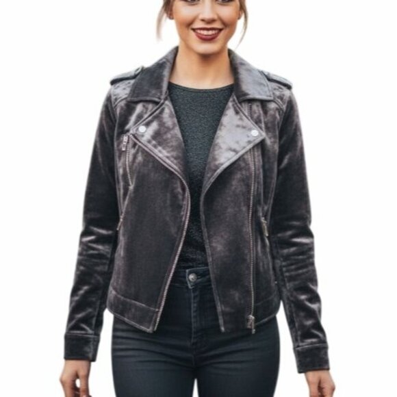 ❤️BLANKNYC Gray Velvet Moto Jacket Women's S Biker Shinny Side Zip Biker Party❤️ - Picture 1 of 8